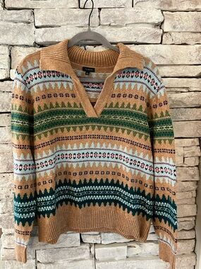 Talbots Camel Fair Isle V‑Neck Pullover with Blue and Green Accents